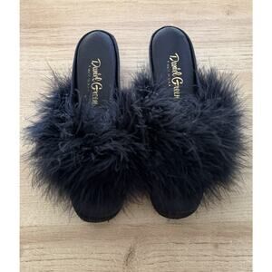 Vintage Boudoir Slippers 1950s Feather Ostrich Black Daniel Green Satin Sz 5